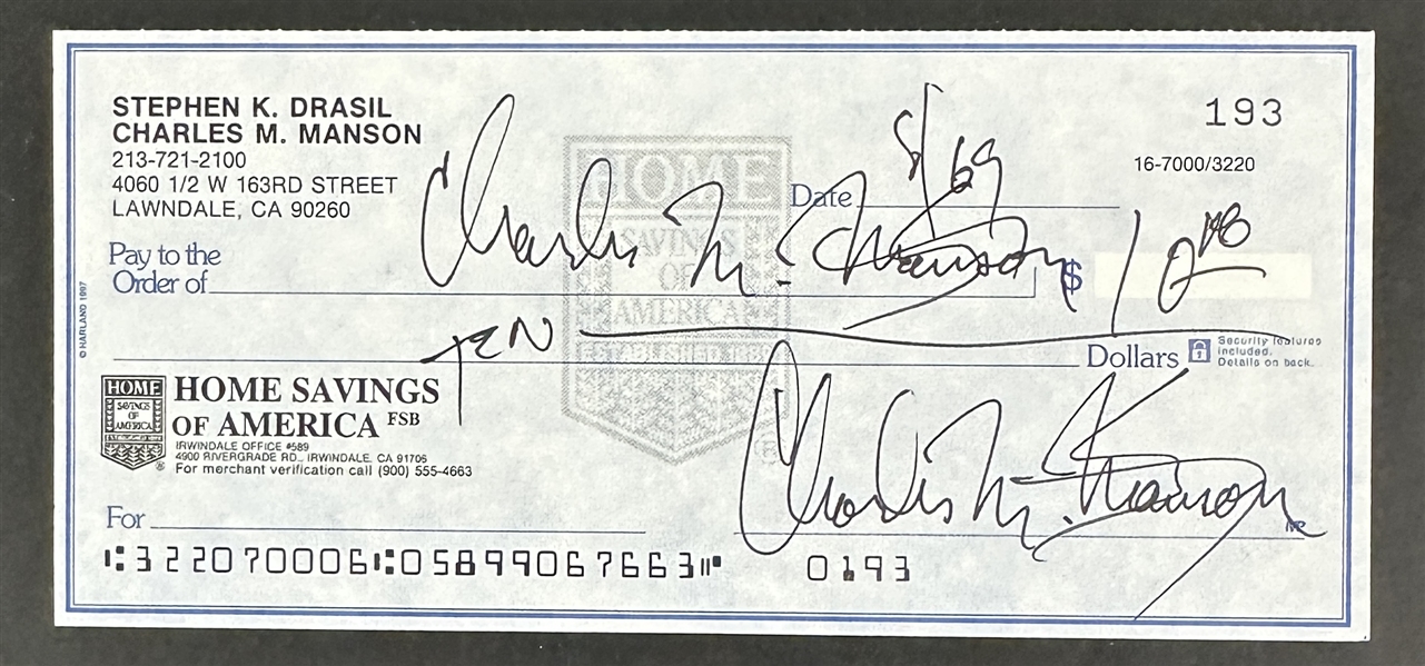 Charles Manson Handwritten & Signed Personal Bank Check (JSA LOA)