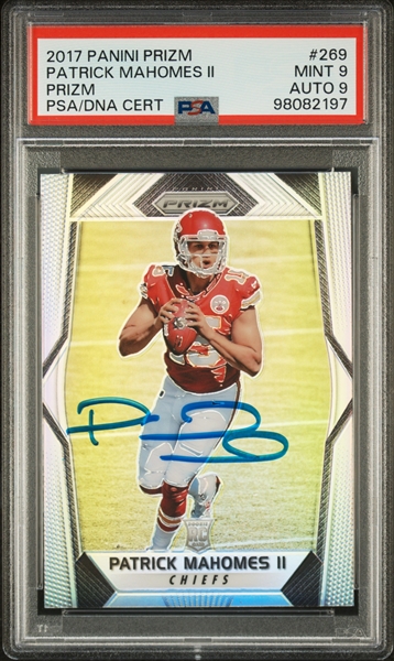 Patrick Mahomes Signed 2017 Panini Prizm Silver Rookie Card Graded Mint 9 with Mint 9 Autograph! (PSA/DNA)