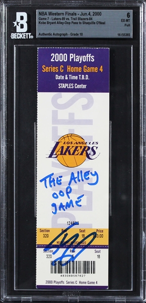 Shaquille ONeal Signed 2000 Western Conf. Finals Game 7 Full Ticket - The Famed "Alley Oop" Game! (Beckett/BAS GEM MINT 10 Auto)