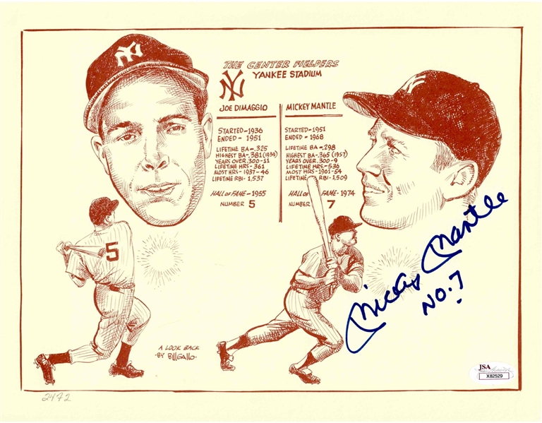 Mickey Mantle signed Bill Gallo Art Print 9" x 11.5" Inscribed "No. 7" (JSA)