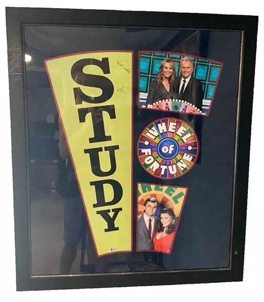 Pat Sajak and Vanna White Wheel of Fortune Ultra-Rare Vintage Game-Show Used Dual Signed "Study" Board Piece in 26" x 32" Custom Framed Display (Beckett/BAS)