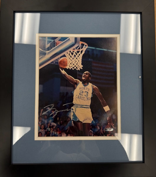 Michael Jordan Signed & Framed 8" x 10" Limited Edition Color UNC Photograph w/ Iconic Early Tongue Out Dunk! (Upper Deck/UDA)