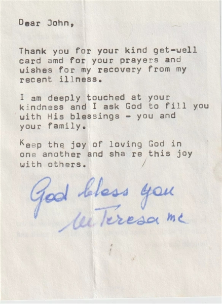 Mother Teresa Signed & Inscribed "God Bless You" Typed Letter w/ Original Missionaries of Charity Envelope! (Third Party Guaranteed)