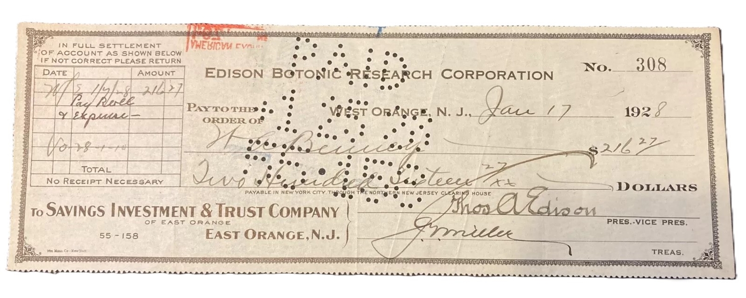 Thomas Edison Signed Edison Botonic Research Corp 1928 Bank Check (Third Party Guaranteed)