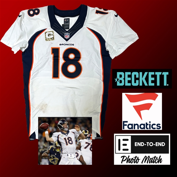 Peyton Manning PHOTO MATCHED Game Used & Signed Denver Broncos Home Jersey :: Worn November 16, 2014 vs. Rams (Fanatics, End-to-End Photomatch, & Beckett/BAS)