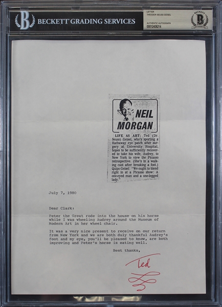 Dr. Seuss Signed 8.5" x 11" 1980 Letter (Beckett/BAS Encapsulated)