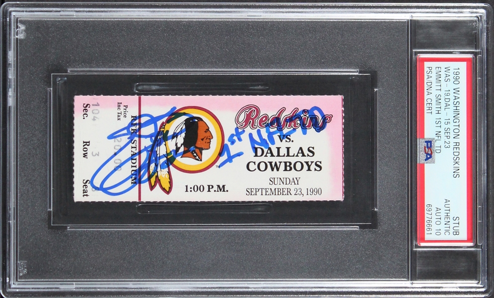 Emmitt Smith Signed Ticket to Game for 1st NFL Touchdown :: 9/23/1990 vs. Redskins with GEM MINT 10 Auto! (PSA/DNA)