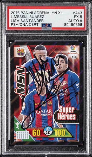 Tres Amigos: 2016 Adrenalyn Lionel Messi & Luis Suarez Dual Signed Liga Santander - POP 1 PSA 5/9 Auto