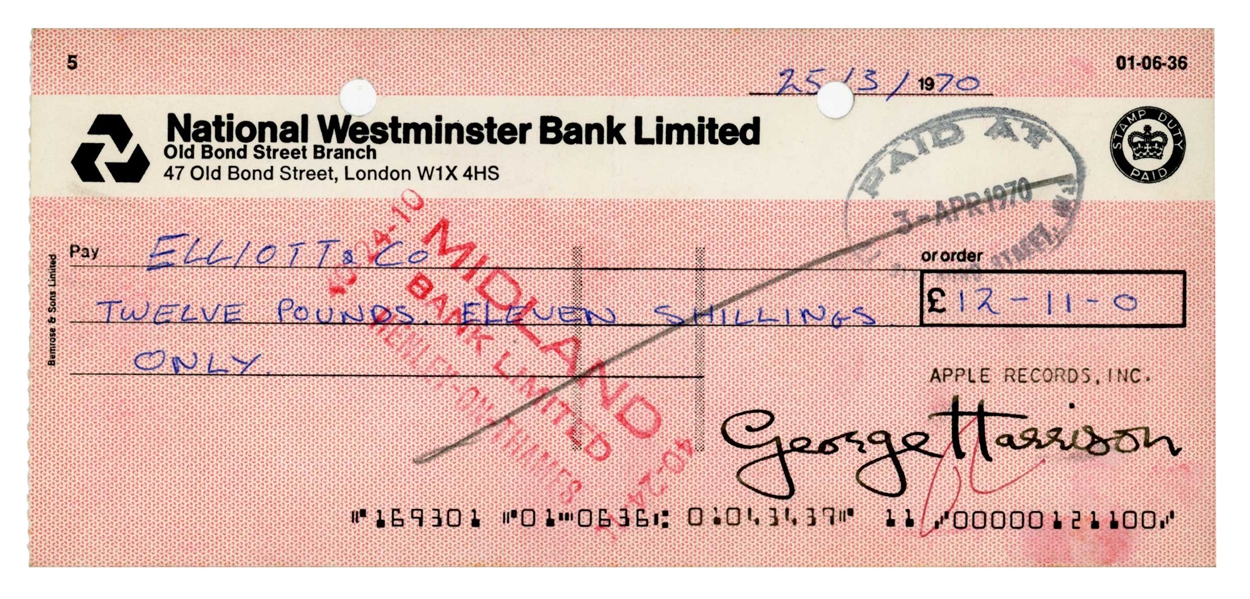 George Harrison Autographed 1970 Check Signed Two Weeks Before The Beatles Break Up (Tracks LTD)(Beckett/BAS)