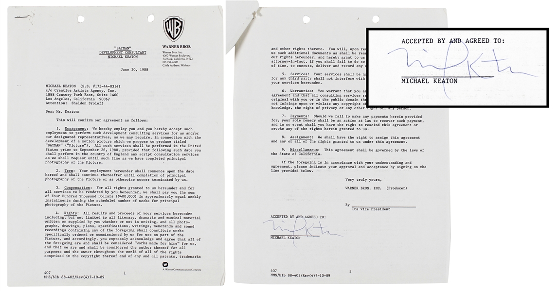 Michael Keaton Incredible Signed Warner Bros. Development Agreement for “Batman” (1988)(Beckett/BAS LOA)