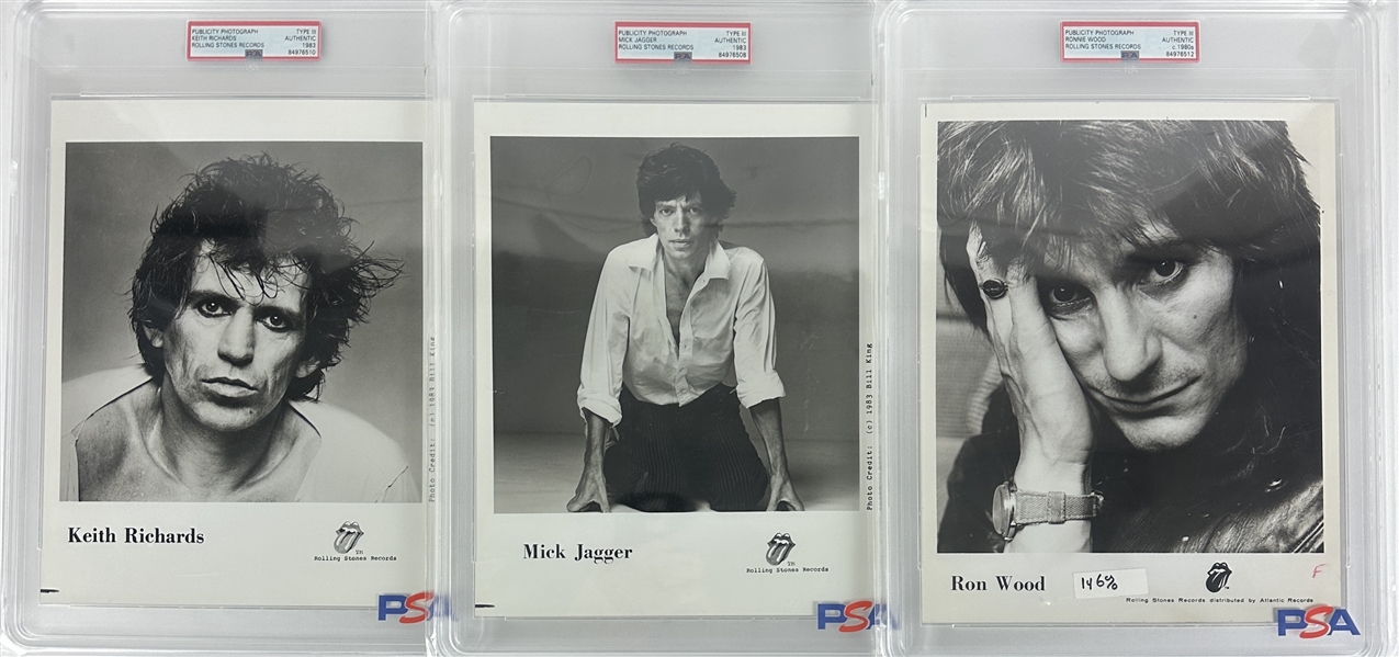 The Rolling Stones Lot of 3 Original 1980s Type III Publicity Photos with Jagger, Richards & Wood (PSA/DNA Encapsulated)