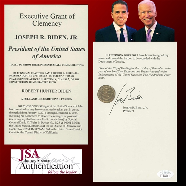 President Joe Biden Souvenir Typescript of Pardon for Hunter Biden! (JSA LOA)