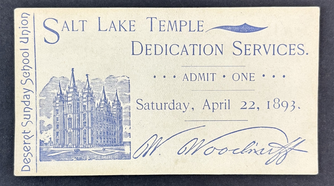 Ticket to the 1893 Dedication of the Salt Lake Temple -- Largest and Best-Known Temple of the Church of Jesus Christ of Latter-Day Saints