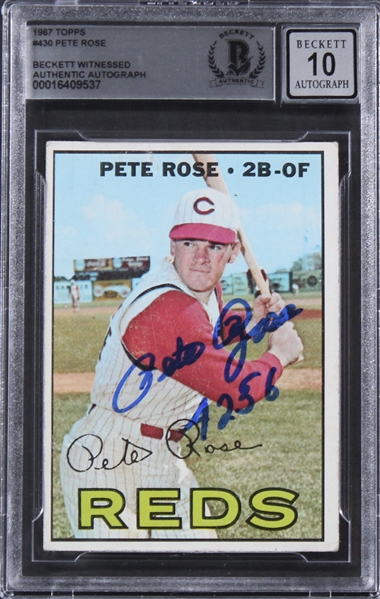 1967 Topps #430 Reds Pete Rose "4256" Authentic Signed Trading Card w/ Gem Mint 10 Auto! (Beckett/BAS Encapsulated)