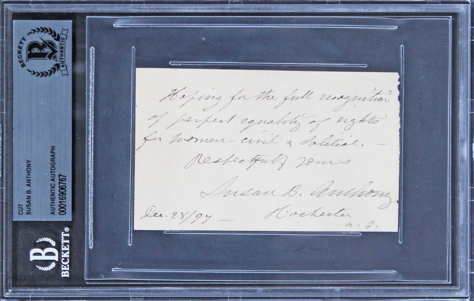 Susan B. Anthony Signed Stationary Card with Incredible Womans Rights Quote (Beckett/BAS Encapsulated)