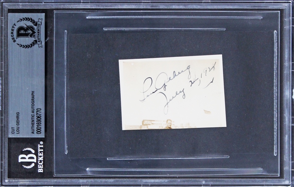 Lou Gehrig Signed & Dated 1.75" x 2.5" Segment - From Yankees Prime of 1928! (Beckett/BAS Encapuslated)