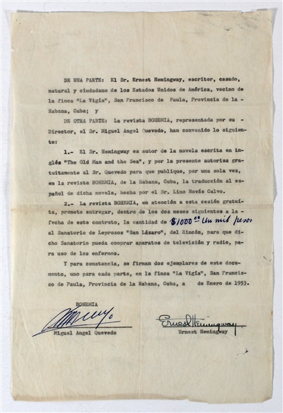 Ernest Hemingway Significant Signed Contract to Translate "The Old Man and The Sea" Into Spanish! (Beckett/BAS LOA)