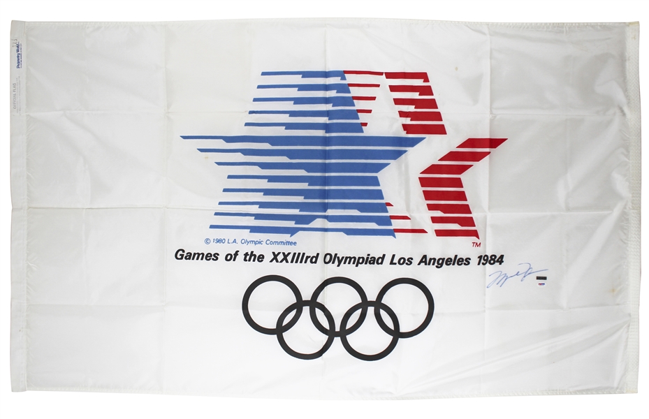 Michael Jordan Ultra Rare Signed Official 48" x 60" 1984 Olympics Flag Flown at the Olympic Games! (UDA & PSA/DNA)