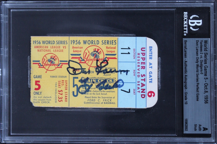 Don Larsen & Yogi Berra Dual Signed 1956 World Series Perfect Game Ticket Stub with GEM MINT 10 Autographs (Beckett/BAS Encapsulated)