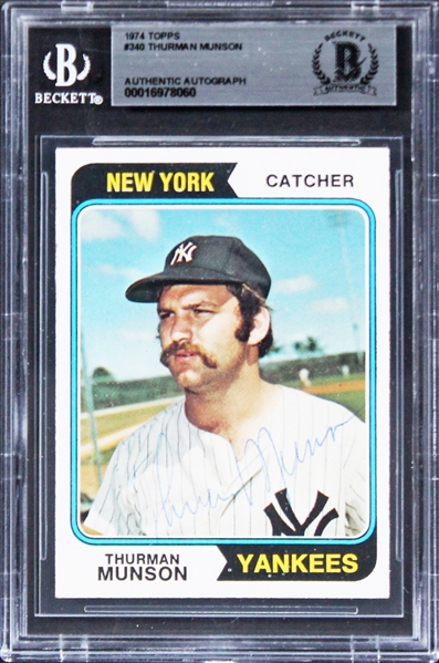 Thurman Munson RARE Signed 1974 Topps #341 Baseball Card (Beckett/BAS Encapsulated)(JSA LOA)