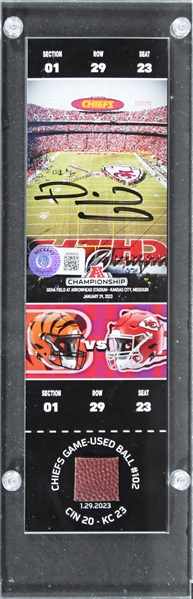 Patrick Mahomes Signed 2023 AFC Championship Limited Edition Souvenir Ticket with Game Used Football Swatch (Beckett/BAS)