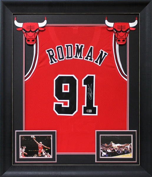 Dennis Rodman Signed Red Pro Style Jersey in Framed Display (Beckett/BAS Witnessed) 