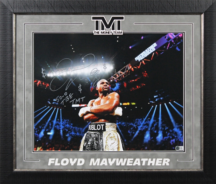 Floyd Mayweather Jr. Signed 16" x 20" Photo with "50-0 TBE TMT" Inscription in Custom Framed Display (Beckett/BAS)