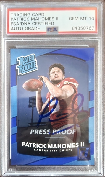 Patrick Mahomes II 2017 Donruss #327 Press Proof Blue Rookie - PSA/DNA Graded GEM MINT 10 Autograph!