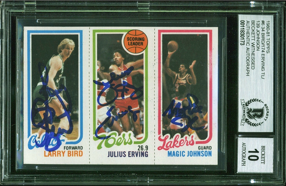 1980-81 Topps Magic Johnson, Larry Bird & Julius Erving Card - Signed by All 3 - Magic & Birds Rookie - Beckett/BAS Graded GEM MINT 10!