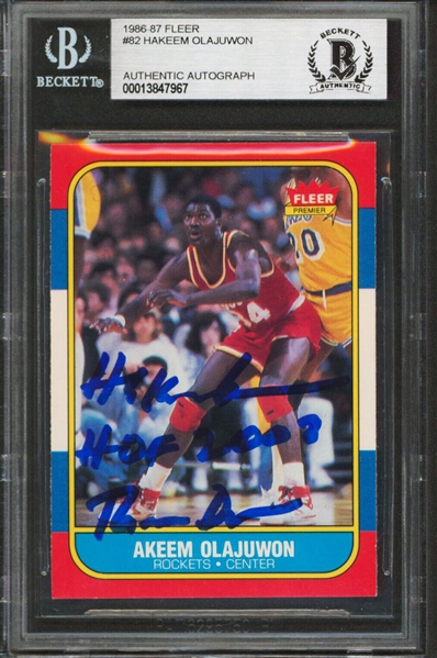 Hakeem Olajuwon Signed 1986 Fleer Rookie with "The Dream" & HOF Inscriptions (Beckett/BAS Encapsulated)