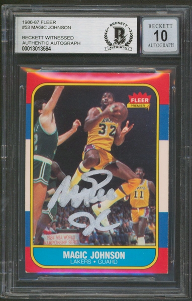 1986 Fleer #53 Lakers Magic Johnson Signed Card w/ Gem Mint 10 Auto! (Beckett/BAS Encapsulated) 