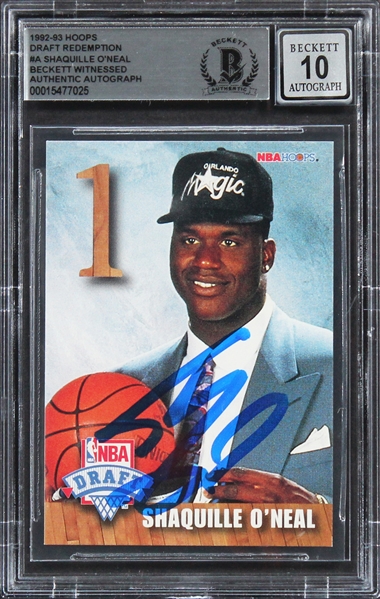 1992 Hoops Draft Redemption #A Shaquille ONeal Signed Rookie Card w/ Gem Mint 10 Auto! (Beckett/BAS Encapsulated)