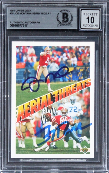 1991 UD #35 Aerial Threats Jerry Rice & Joe Montana Signed Card Auto 10! (Beckett/BAS Encapsulated)