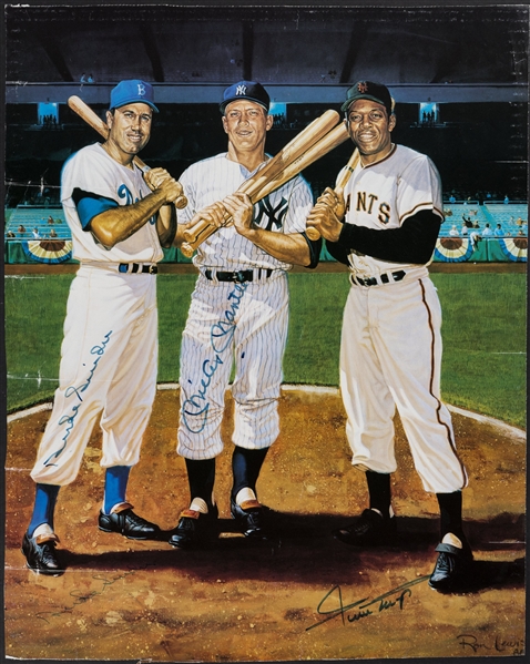 Mickey Mantle, Willie Mays & Duke Snider Signed Over-Sized 16" x 20" Ron Lewis Print (PSA/DNA LOA)