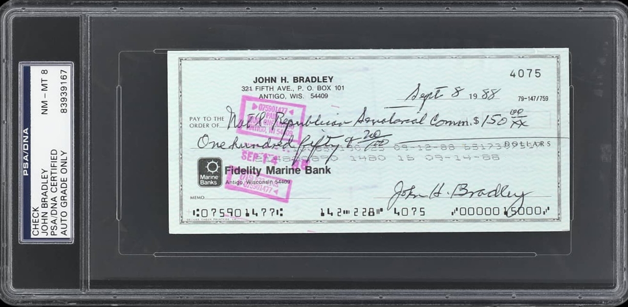 Iwo Jima: John Bradley Signed 1988 Bank Check To Republican Party w/ NM-MT 8 Auto (PSA/DNA Encapsulated)