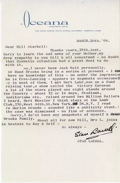 Stan Laurel Signed 1964 Typed Letter w/ Marlon Brando Arrest Content! (Third Party Guaranteed)