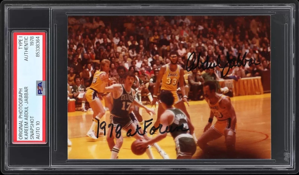 Kareem Abdul Jabbar Rare Signed & "1978 Forum" Inscribed 3" x 5" Original Type 1 1978 Photograph vs Rival Celtics w/ GEM MINT 10 Autograph! (PSA/DNA Encapsulated)