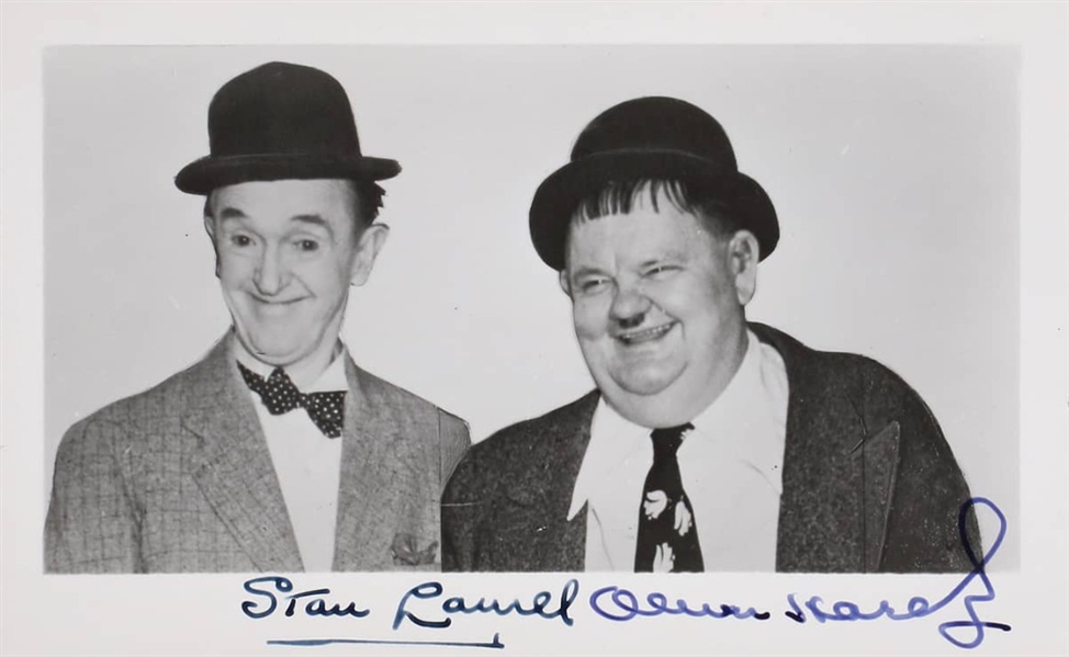 Laurel & Hardy Near-Mint Dual Signed 3.5" x 5.5" Postcard Photograph - One of the Finest In the Hobby! (PSA/DNA LOA)