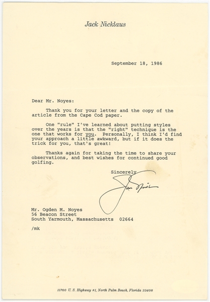 Jack Nicklaus Ultra-Rare Post 1986 Masters Signed Typed Letter w/ Putting Ideology Content Discrediting The Standup Style! (JSA)