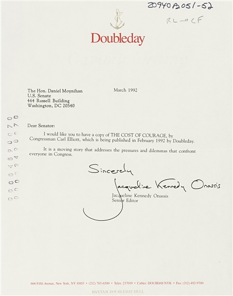 Jacqueline Kennedy Near-Mint Signed 7" x 9" Typed 1992 Letter w/ Full Name "Jaqueline Kennedy Onassis" Autograph! (PSA/DNA & Beckett/BAS)