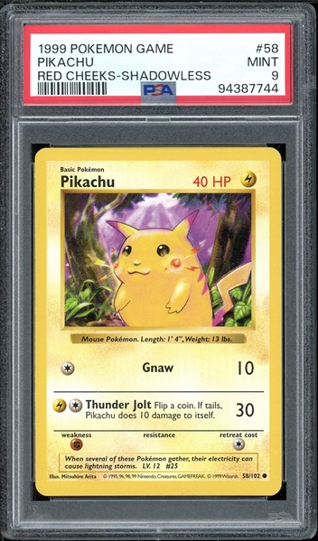 1999 Pokemon Base Set Shadowless #58 Pikachu Red Cheeks - PSA MINT 9