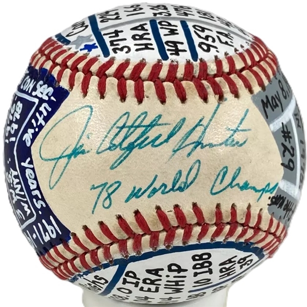 Jim Catfish Hunter Signed & Handpainted Stat OAL Baseball w/ Ultra-Rare "78 World Champs" Inscription! (JSA)