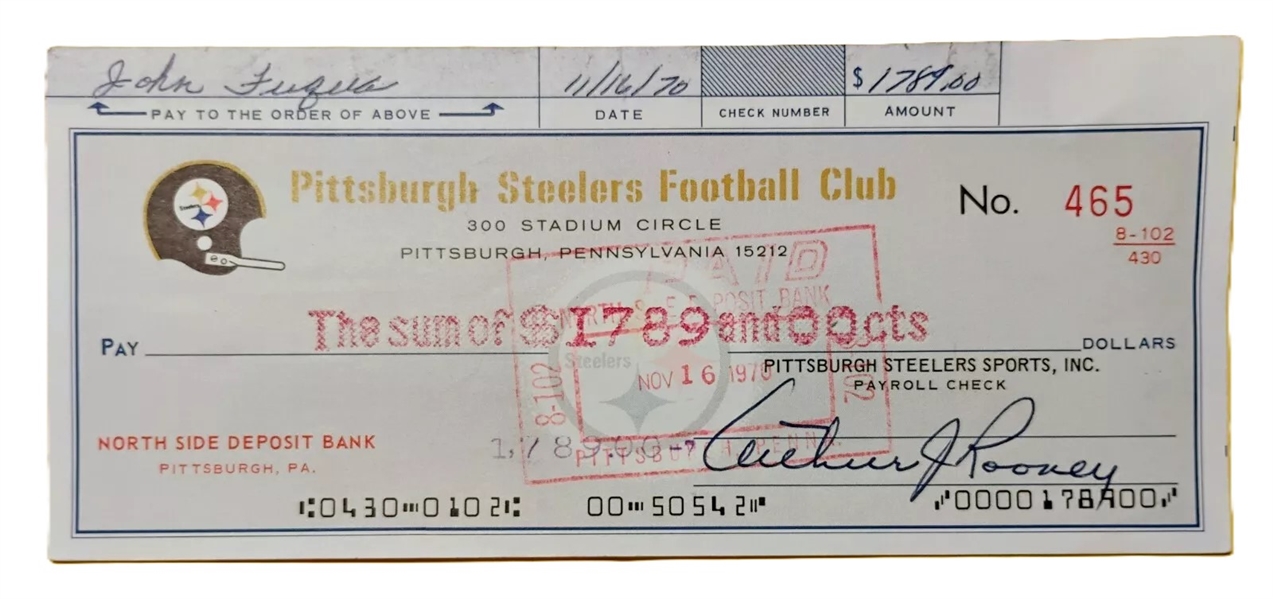 1970 Pittsburgh Steelers Rare John "Frenchy" Fugua Endorse Paycheck Personally Signed by Art Rooney! (Third Party Guaranteed)