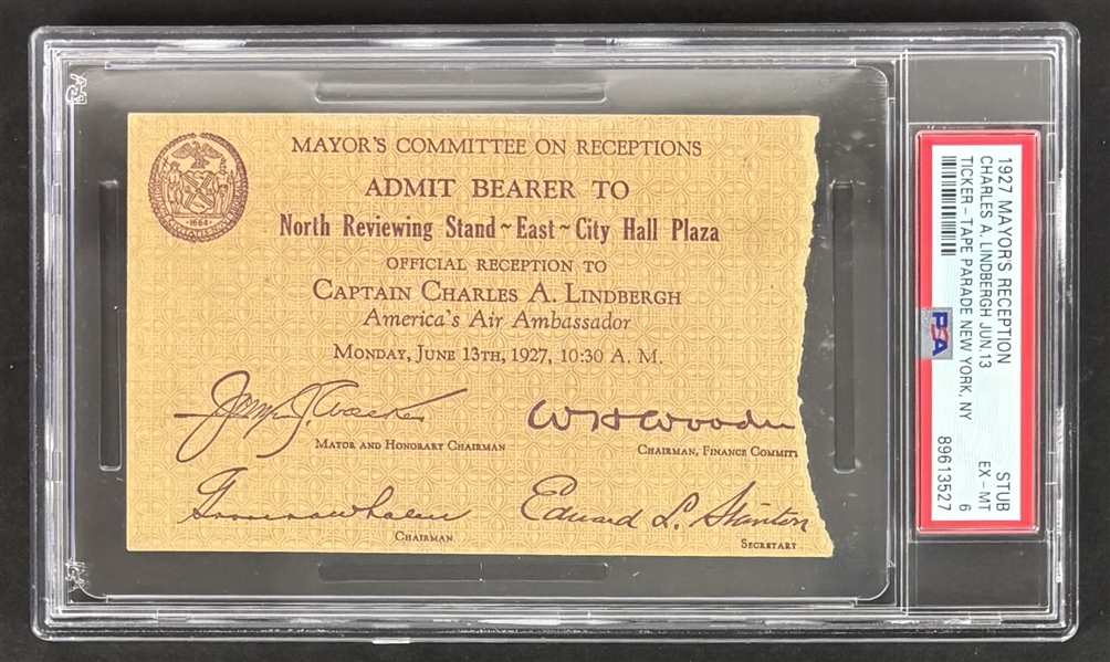 (Charles Lindbergh) Vintage 1927 Mayors Reception Ticket Stub honoring Lindbergh (EX-MT 6)(PSA/DNA Encapsulated)