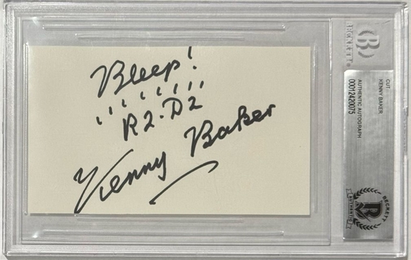 Star Wars: Kenny Baker Signed & Inscribed 3" x 5" Page (Beckett/BAS Encapsulated)