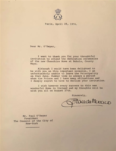 Grace Kelly Signed 1976 Typed Letter w/ Grace De Monaco Autograph! (Third Party Guaranteed)