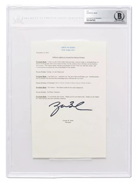 President George W. Bush Rare Signed 5" x 7" Historic Ground Zero Speech (Beckett/BAS Encapsulated)