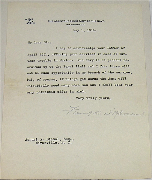 President Franklin D. Roosevelt Signed 1914 Navy Letter w/ Mexican Revolution Content! (Third Party Guaranteed)