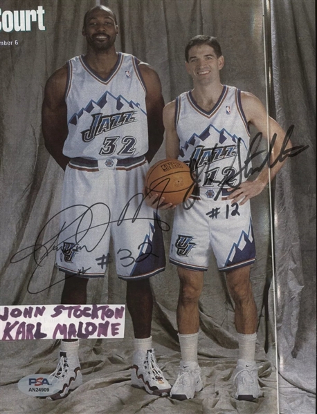 John Stockton & Karl Malone Rare Dual Signed Utah Jazz 7" x 9" Promotional Magazine Photograph (PSA/DNA)