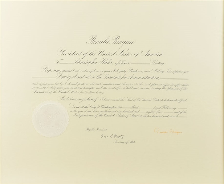 President Ronald Reagan Scarce 1985 Presidential Appointment for Deputy Assistant to the President! (JSA)